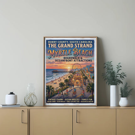 Myrtle Beach boardwalk and oceanfront attractions poster with ferris wheel and carousel.