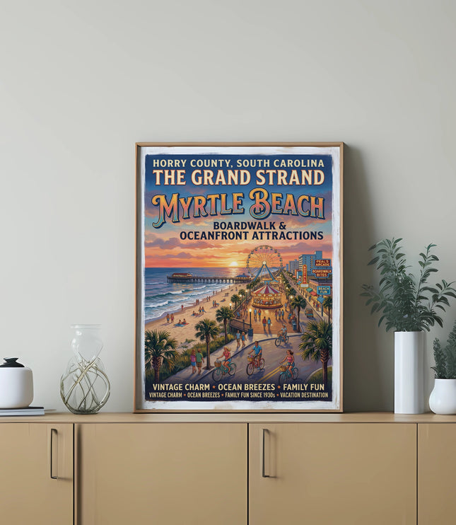 Myrtle Beach boardwalk and oceanfront attractions poster with ferris wheel and carousel.
