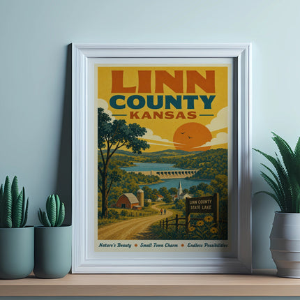 Linn County Kansas travel poster with dam, lake, farm, and text.