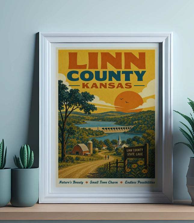 Linn County Kansas travel poster with dam, lake, farm, and text.
