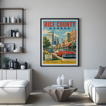 Vintage poster for Rice County, Kansas, featuring a 1950s car in Lyons.