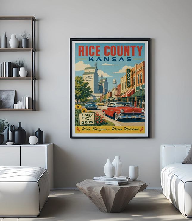 Vintage poster for Rice County, Kansas, featuring a 1950s car in Lyons.