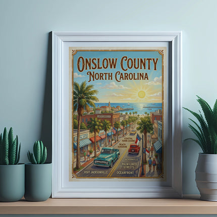Onslow County North Carolina vintage travel poster of Jacksonville with beach and shops.