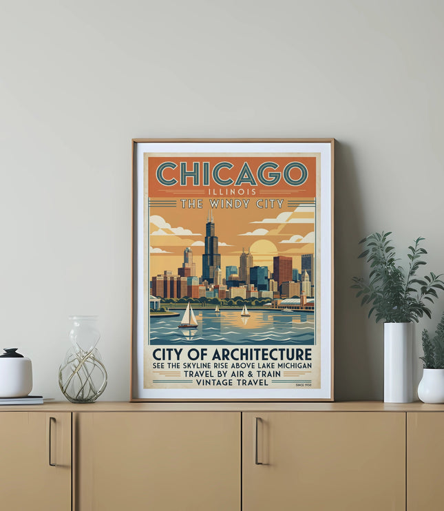 Chicago skyline vintage travel poster featuring Lake Michigan and the city's architecture.