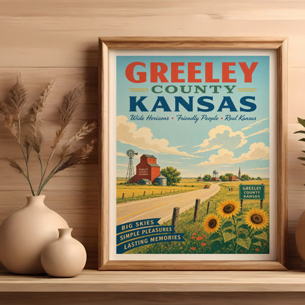 Greeley County, Kansas poster with farm scene and sunflowers.