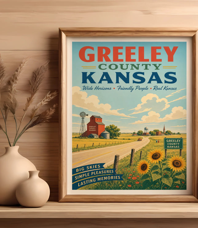 Greeley County, Kansas poster with farm scene and sunflowers.