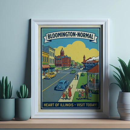 Bloomington-Normal, Illinois travel poster with "Heart of Illinois - Visit Today!" text.