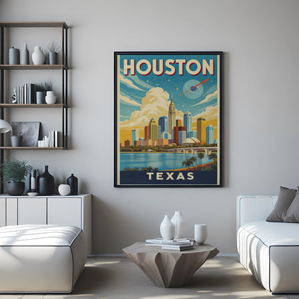Vintage Houston Texas cityscape poster with skyscrapers and a clock tower.