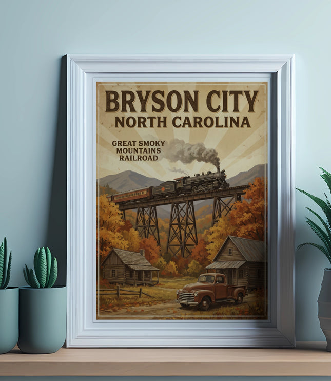 Vintage poster of Bryson City, North Carolina, featuring the Great Smoky Mountains Railroad.