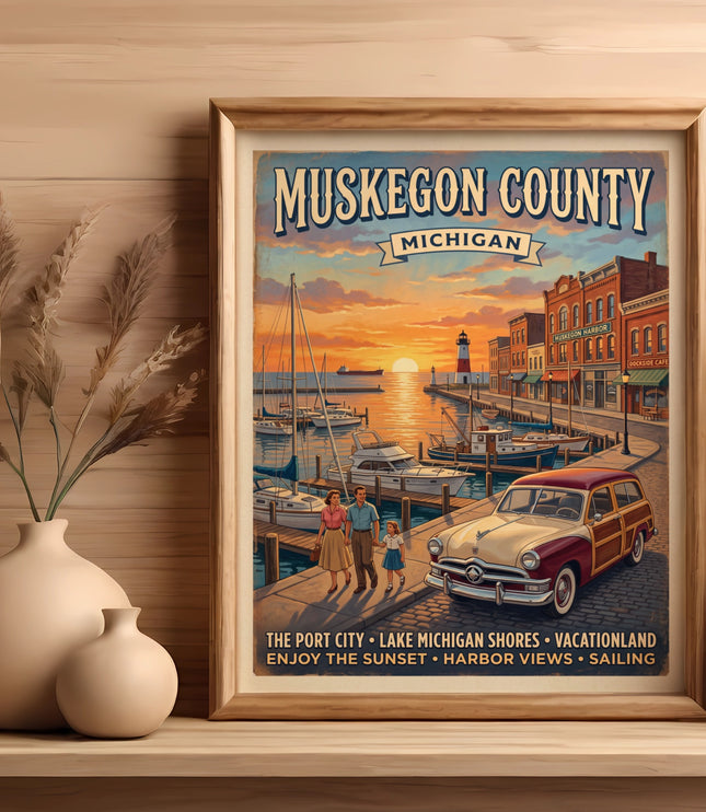 Vintage Muskegon County Michigan poster with harbor, sunset, and classic car.