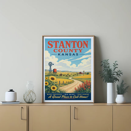 Stanton County Kansas poster with text and scenic landscape.