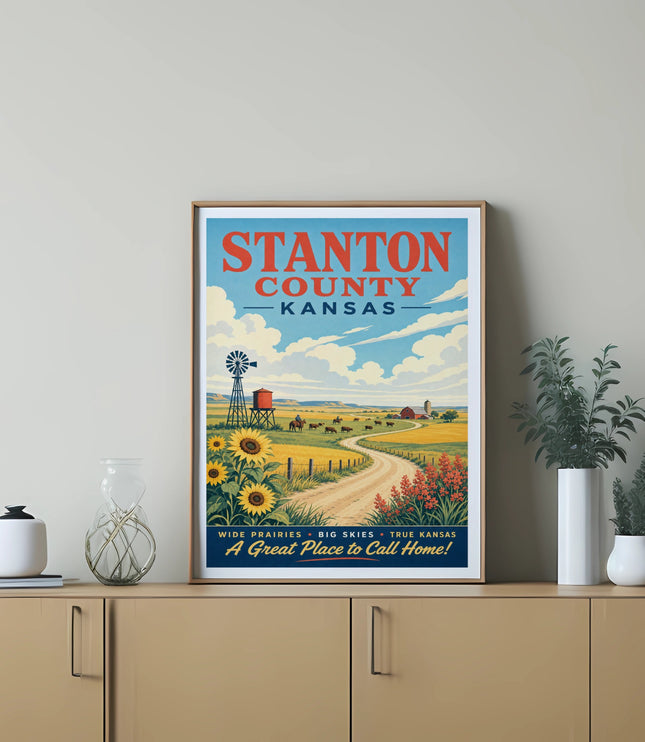 Stanton County Kansas poster with text and scenic landscape.