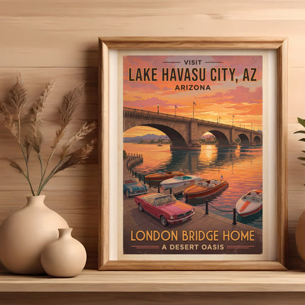 Vintage poster of Lake Havasu City, Arizona, featuring the London Bridge and boats.