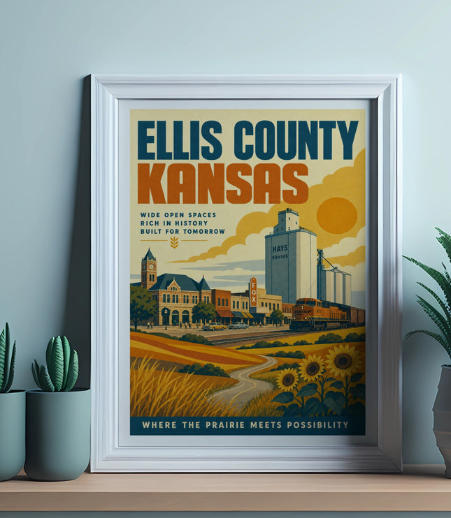 Ellis County Kansas poster with train, grain elevator, and fields.
