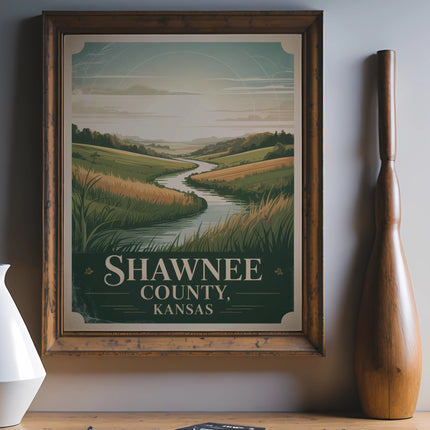 Shawnee County, Kansas vintage travel poster with landscape, river, and text.