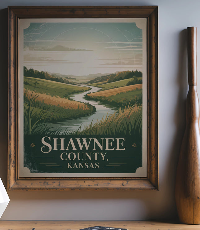 Shawnee County, Kansas vintage travel poster with landscape, river, and text.