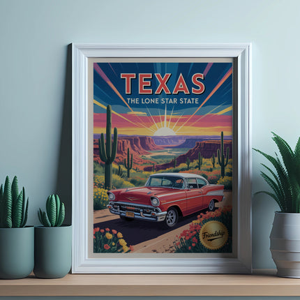 Vintage Texas Lone Star State poster featuring a red car and desert landscape.