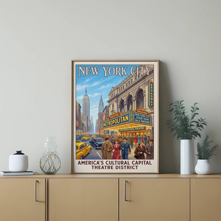 New York City Broadway Theatre District poster with Metropolitan Theatre and yellow cabs.