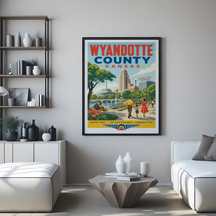 Wyandotte County Kansas City Kansas vintage travel poster with buildings and people.