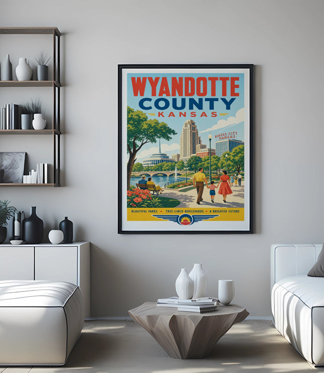 Wyandotte County Kansas City Kansas vintage travel poster with buildings and people.