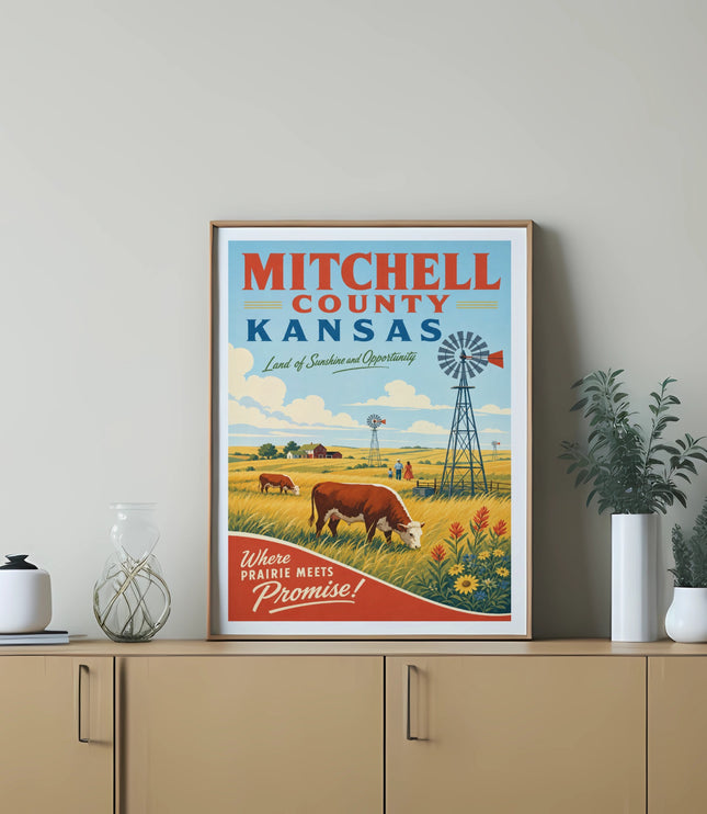 Mitchell County Kansas land of sunshine and opportunity poster.
