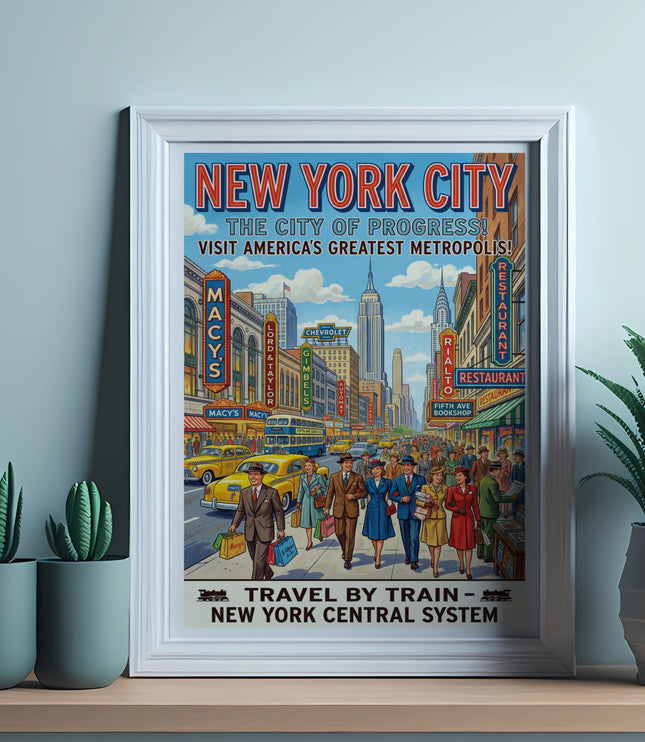 New York City vintage travel poster with Empire State Building and street scene.