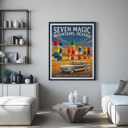 Vintage poster of Seven Magic Mountains, Nevada with a station wagon and Route 66 sign.