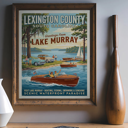 Vintage poster of Lake Murray, South Carolina, featuring boats and cars on a sunny day.