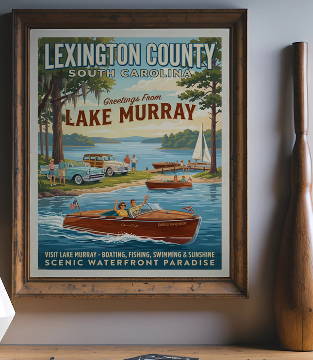 Vintage poster of Lake Murray, South Carolina, featuring boats and cars on a sunny day.