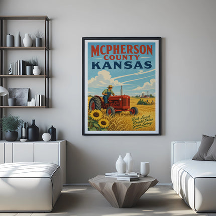 Vintage poster of a farmer on a tractor in McPherson County, Kansas, with sunflowers.