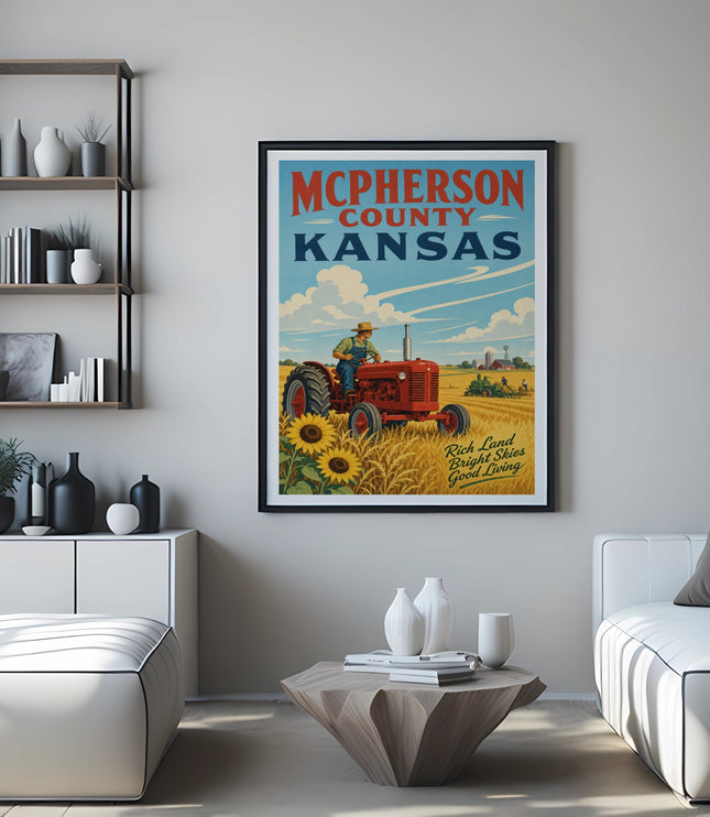 Vintage poster of a farmer on a tractor in McPherson County, Kansas, with sunflowers.