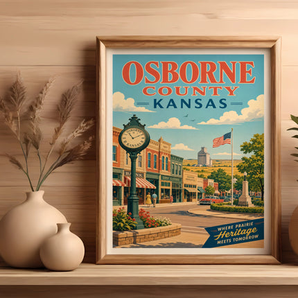 Osborne County, Kansas vintage travel poster with town street scene.