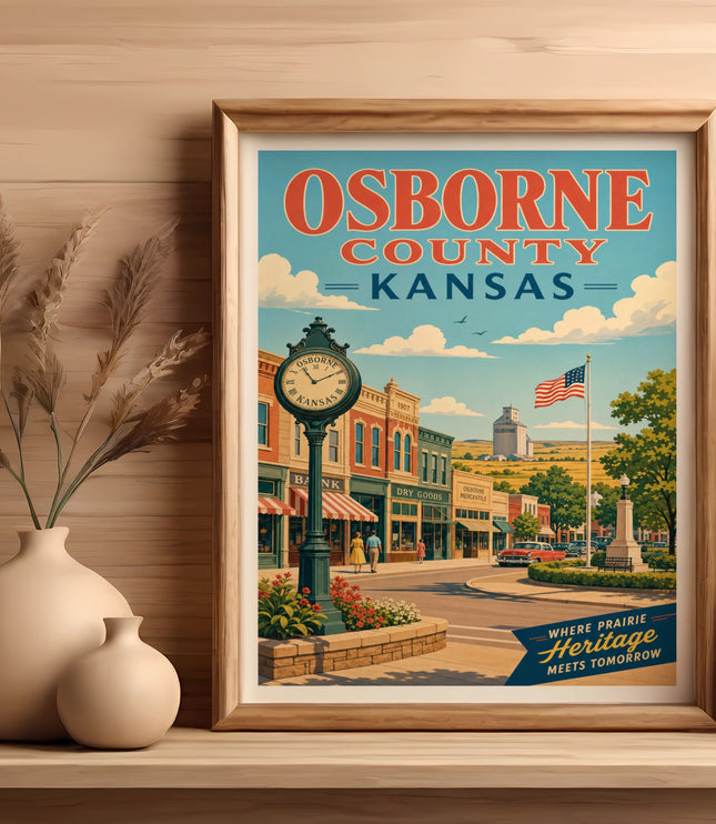 Osborne County, Kansas vintage travel poster with town street scene.