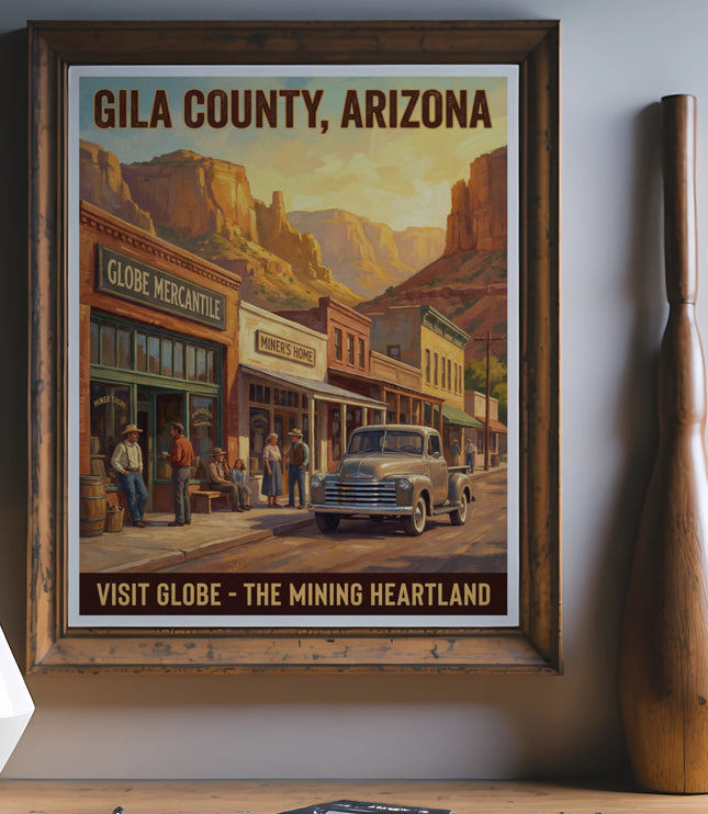 Art print featuring vintage Globe, Arizona street scene with text "GILA COUNTY, ARIZONA".