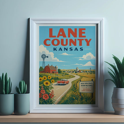 Vintage "Lane County Kansas" poster with farm scene and red barn.