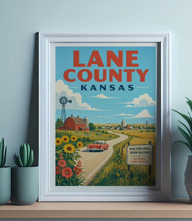 Vintage "Lane County Kansas" poster with farm scene and red barn.