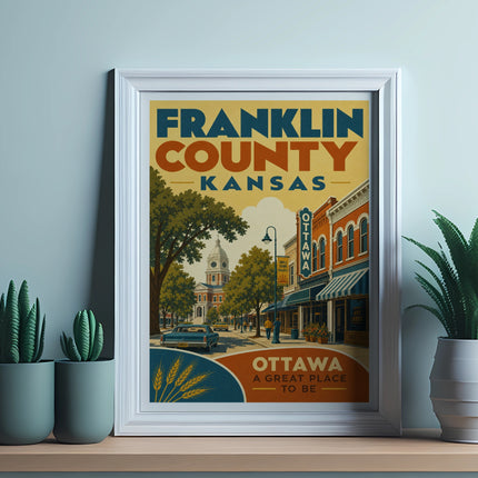 Framed vintage travel poster of Ottawa, Kansas with buildings and trees.