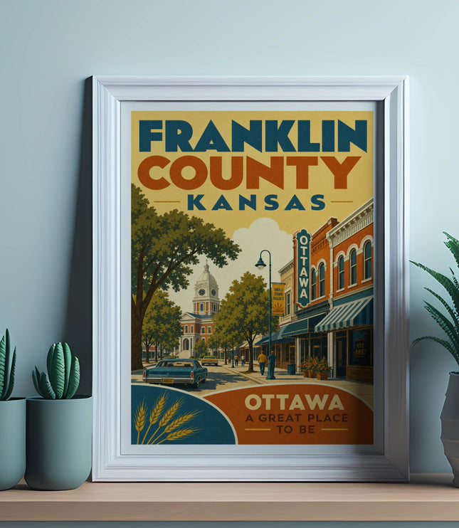 Framed vintage travel poster of Ottawa, Kansas with buildings and trees.