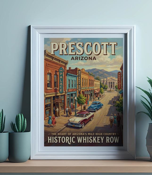 Prescott Arizona vintage poster of Historic Whiskey Row with buildings and cars.
