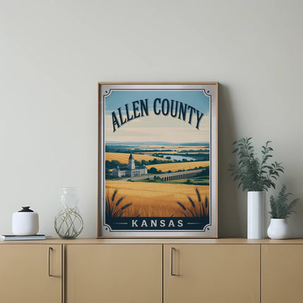 Vintage framed artwork depicting Allen County, Kansas landscape with wheat fields.