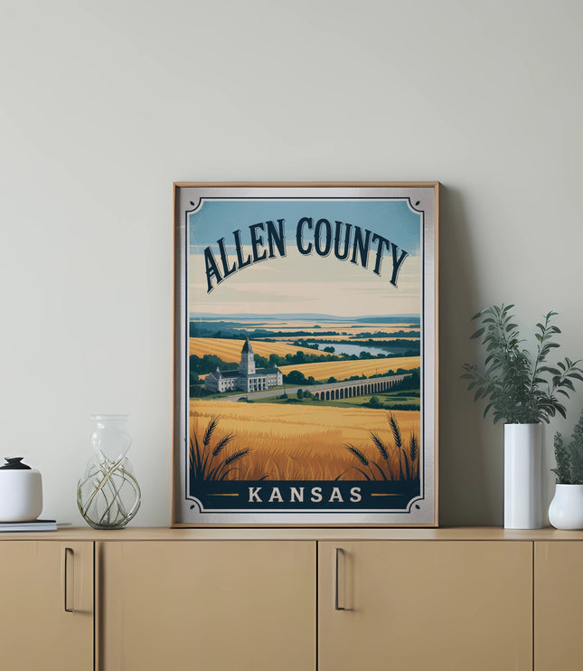 Vintage framed artwork depicting Allen County, Kansas landscape with wheat fields.