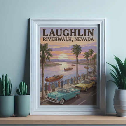 Laughlin Riverwalk, Nevada poster with vintage cars and riverboats at sunset.