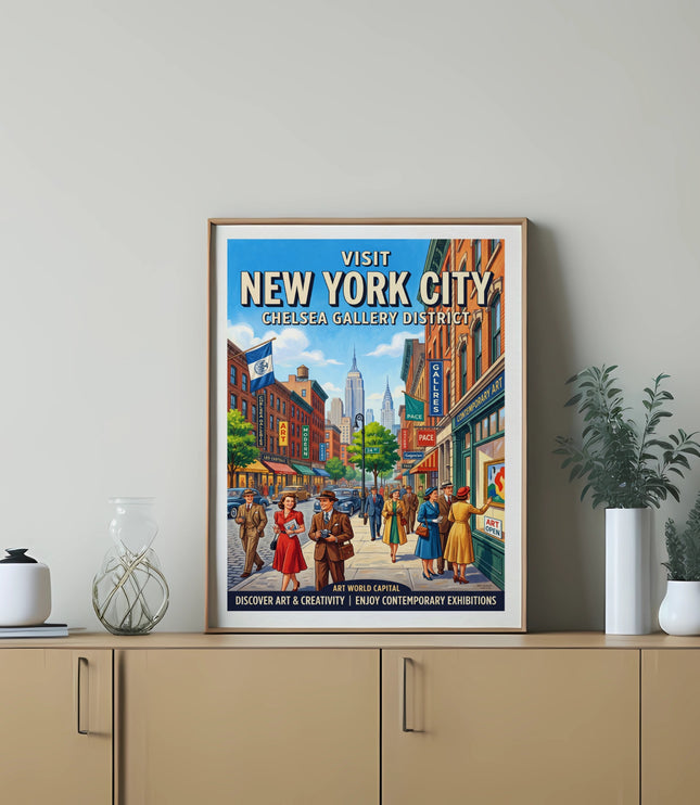 Vintage New York City Chelsea Gallery District travel poster with people viewing art.