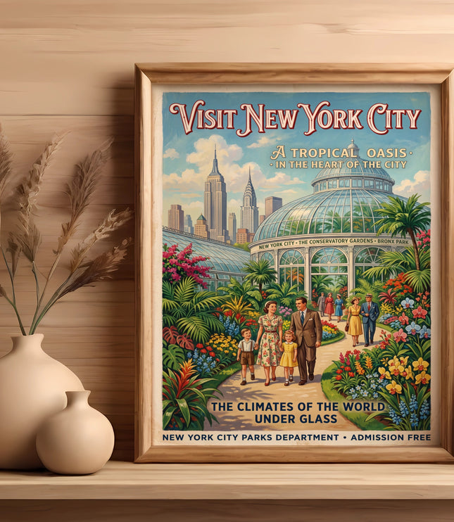 Vintage Visit New York City poster showing Conservatory Gardens with families.