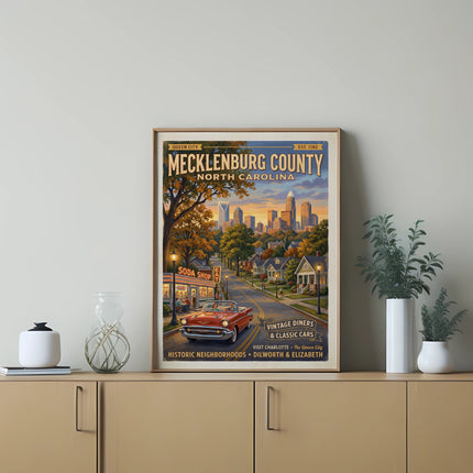 Mecklenburg County, North Carolina poster with vintage car and downtown skyline.
