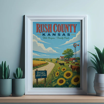 Rush County Kansas poster with farm scene and sunflowers.