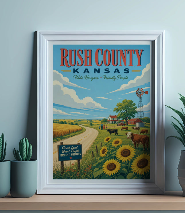 Rush County Kansas poster with farm scene and sunflowers.