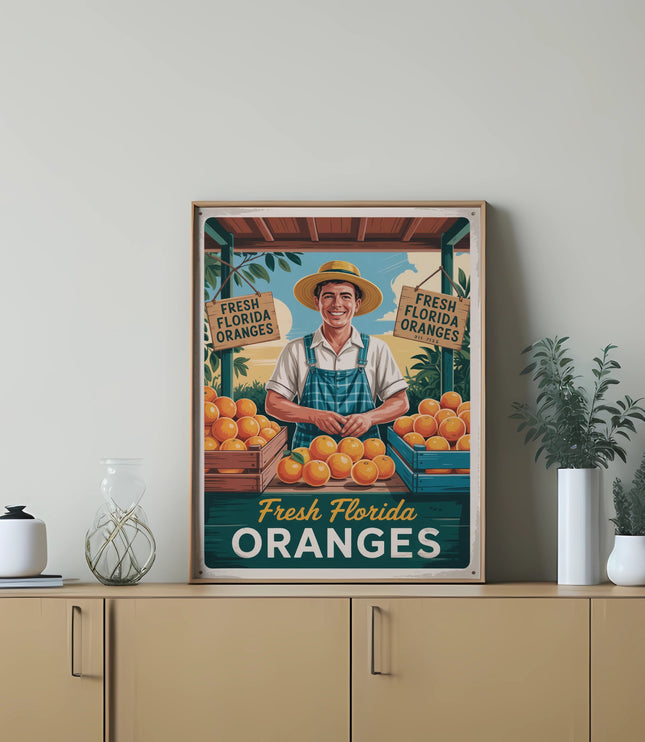 Vintage poster of a smiling man at an orange stand, text "Fresh Florida Oranges".