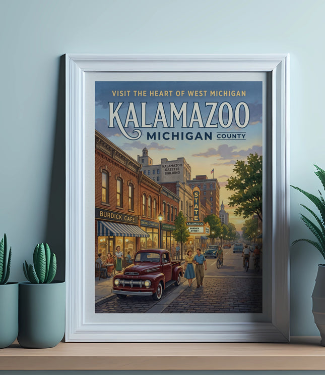Kalamazoo, Michigan County retro travel poster showing a street scene with vintage cars.