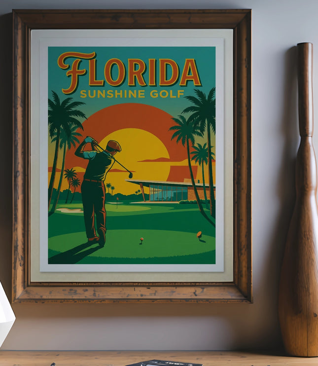 "Florida Sunshine Golf" poster showing a golfer swinging at sunset with palm trees.